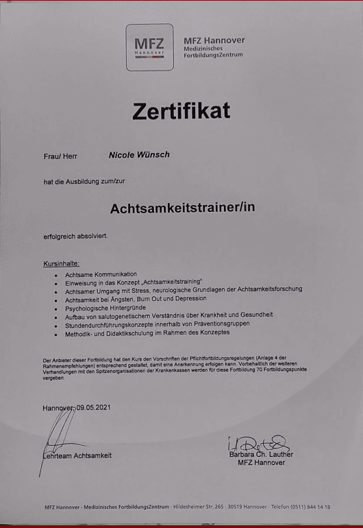 Zertifikat Achtsamkeitstrainerin – Nicole Wünsch